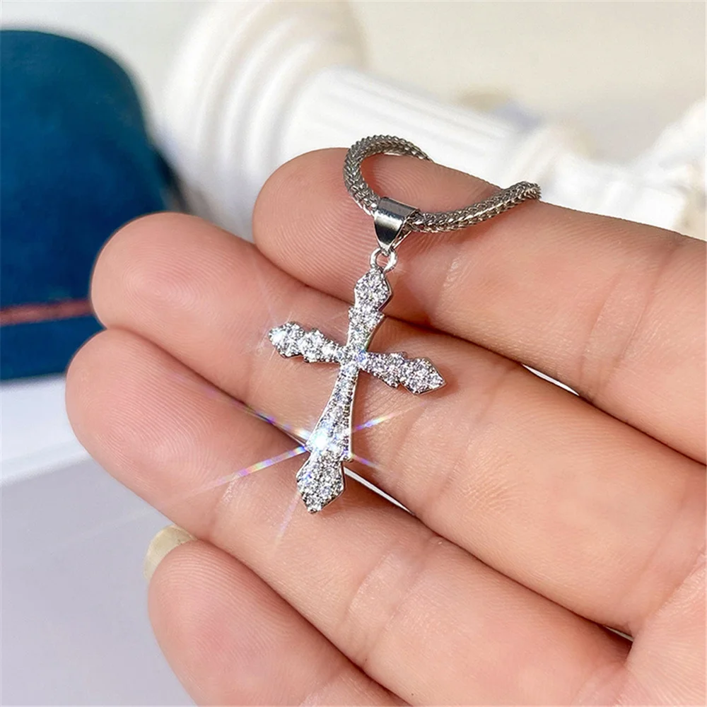 Female Charm Crystal White Zircon Stone Cross Pendant Necklace Vintage Silver Color Wedding Jewelry For Women