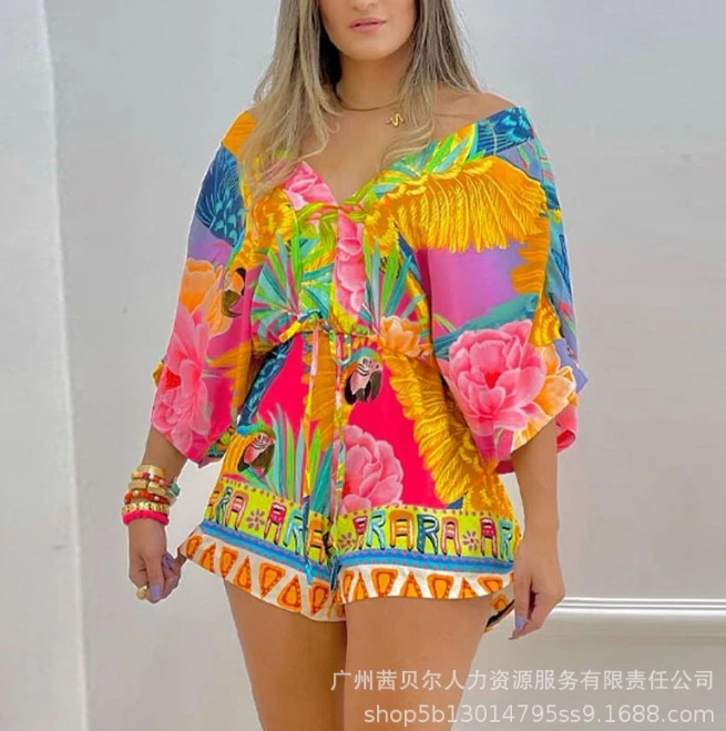 

Hot Selling for Women 2024 Summer Romper Casaul Simple Long Sleeve Floral Printed V-Neck High Waist Daily Vacation Jumpsuit