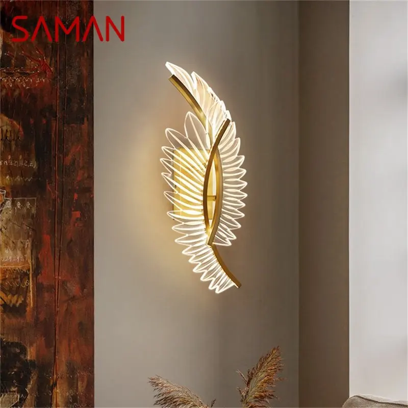 

SAMAN Postmodern Brass Wall Lights Sconces Simple Feather Shape Lamp Fixtures Decorative for Home