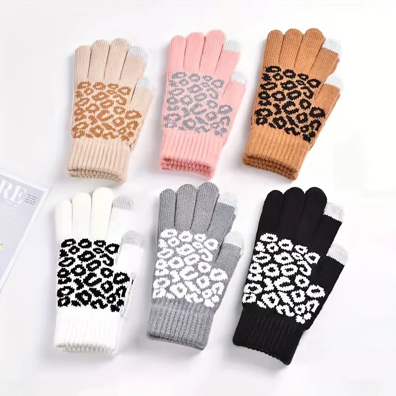 

1 Pair of Winter Velvet Warm Gloves, Simple Leopard Print Touch Screen Gloves, Casual Outdoor Cold Resistant Knitted Gloves