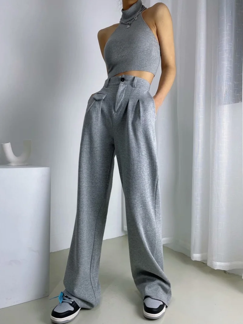 2024 Women Spring Fall New Elastic High Waist Wide-leg Gray Pants Loose Straight Trousers Trend Female Solid Color Jogging Pants