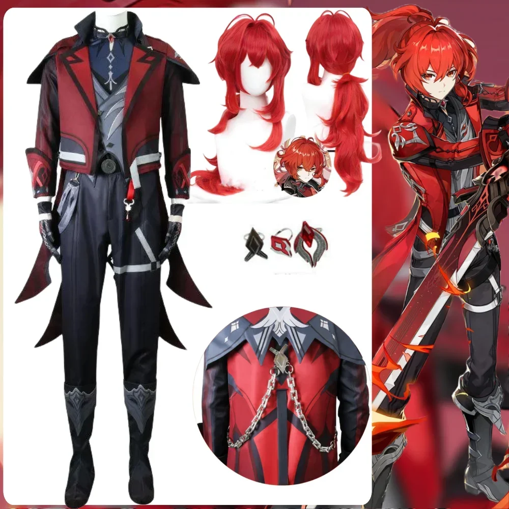 

Game Genshin Impact Diluc Cosplay Costume Diluc red dead of night Diluc Cos Wig Shoes Costumes