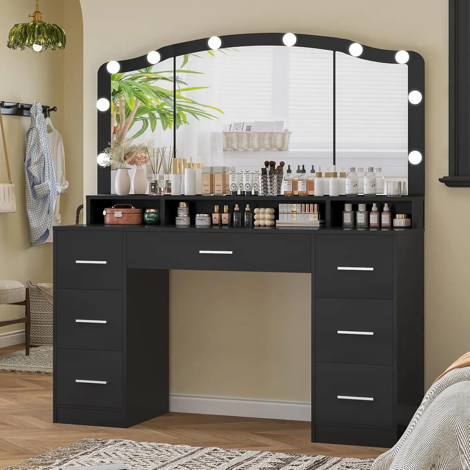 43.3" Vanity Desk with Large Lighted Mirror Makeup Vanity Table with 7 Drawers & 10 Lights Bulbs 3 Lighting Colors Make Vanity