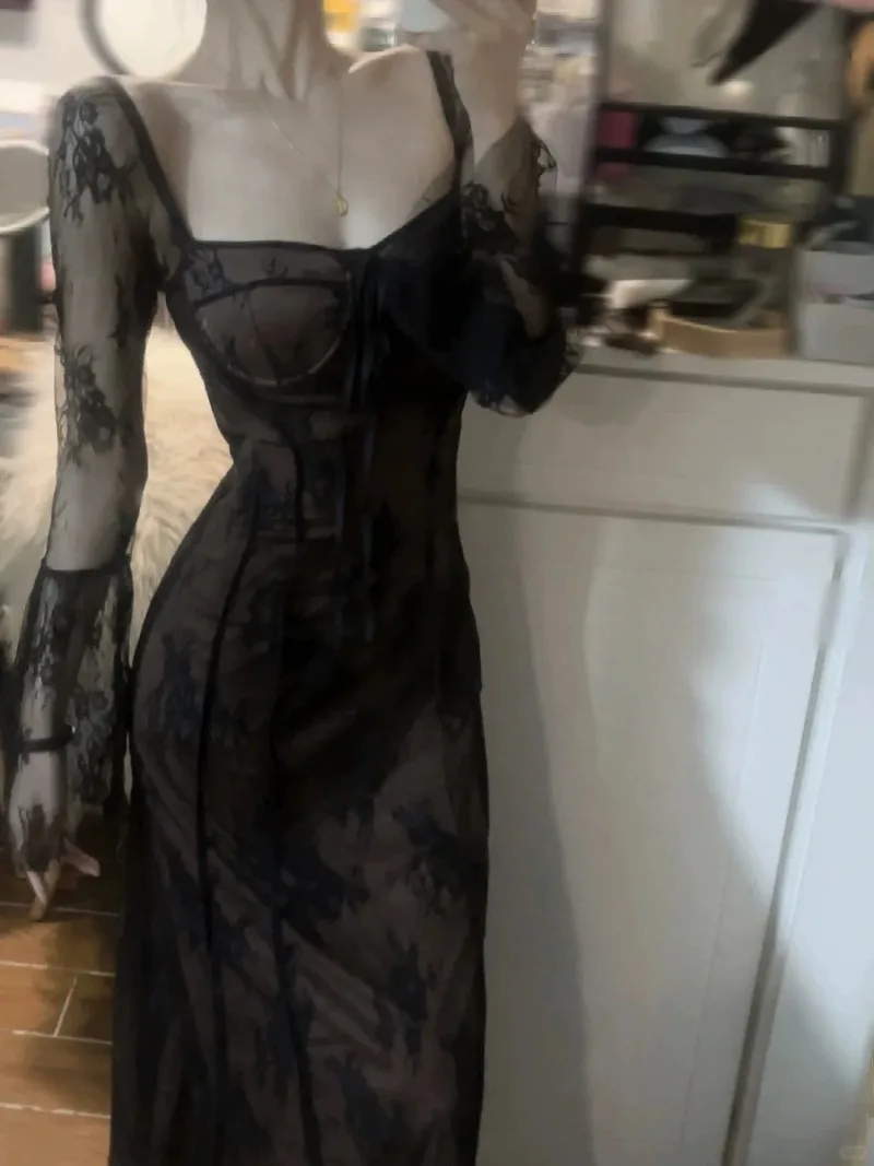 

Новое черное дизайнерское вязаное кружевное платье с тонкой талией и рыбьим хвостом, французские осенне-зимние платья, женская одежда