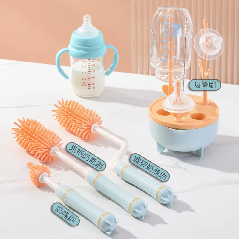 

Silicone Baby Bottle Brush Tri-color Long Handle Cleaning Brush Combination 360 Degrees Rotary Cleaning Baby Bottle Brush Set