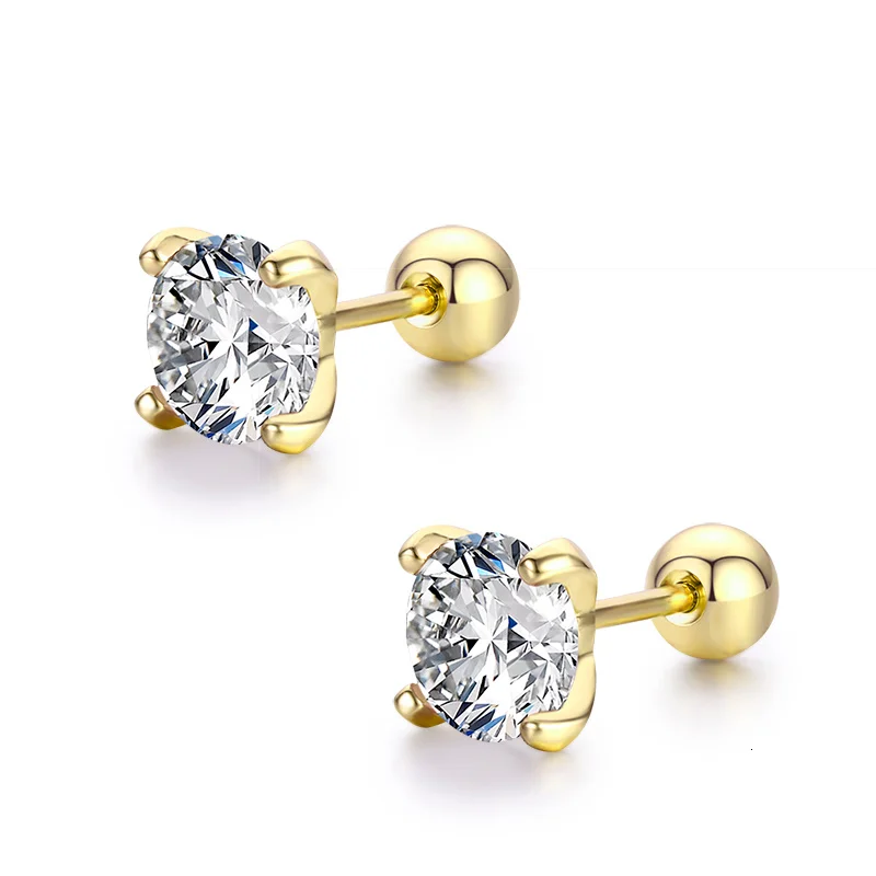 4Colors Cute Round Cut CZ Stone Screw Back Stud Earrings For Women Baby Kids Girls Gold Color Piercing Jewelry Oorbellen Aros | Украшения и