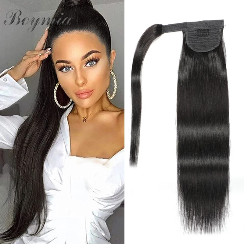 

Ponytail Human Hair Extensions Straight Wrap Around Ponytails Brazilian Remy Hair Boymia 8"-28" Natural Black 1B