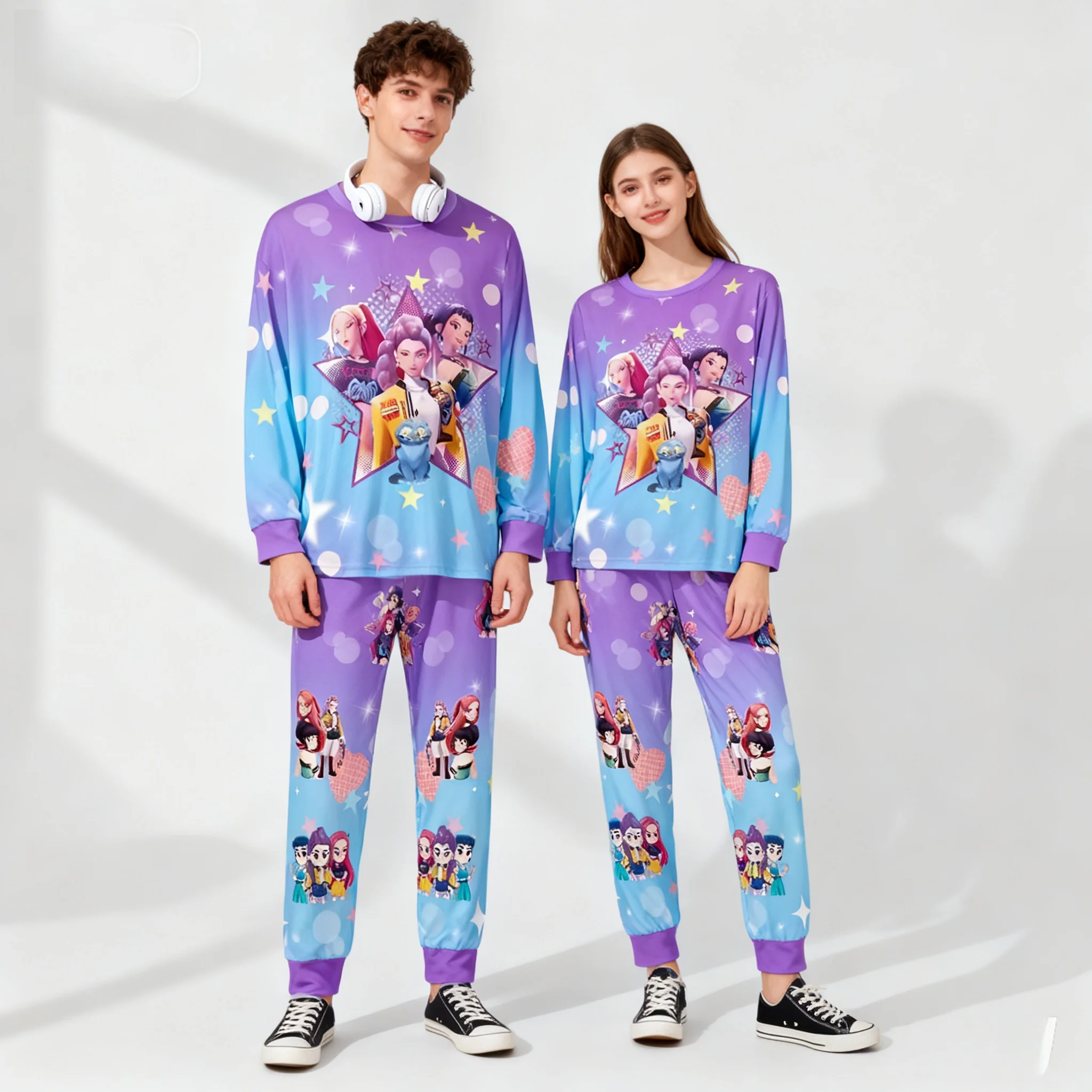 25/26 حار الخريف/الشتاء جولة الرقبة هوديي مجموعة KPOP الساحرة هنتر ثلاثية الأبعاد قميص مطبوع السراويل الشارع المتضخم المرأة والرجال منامة