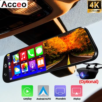 Acceo Dash Cam 4K con Specchio, Wireless, CarPlay e Android Auto Opzionali, Telecamera Posteriore 1080P, Modalità Parcheggio 24H, Registrazione in Loop