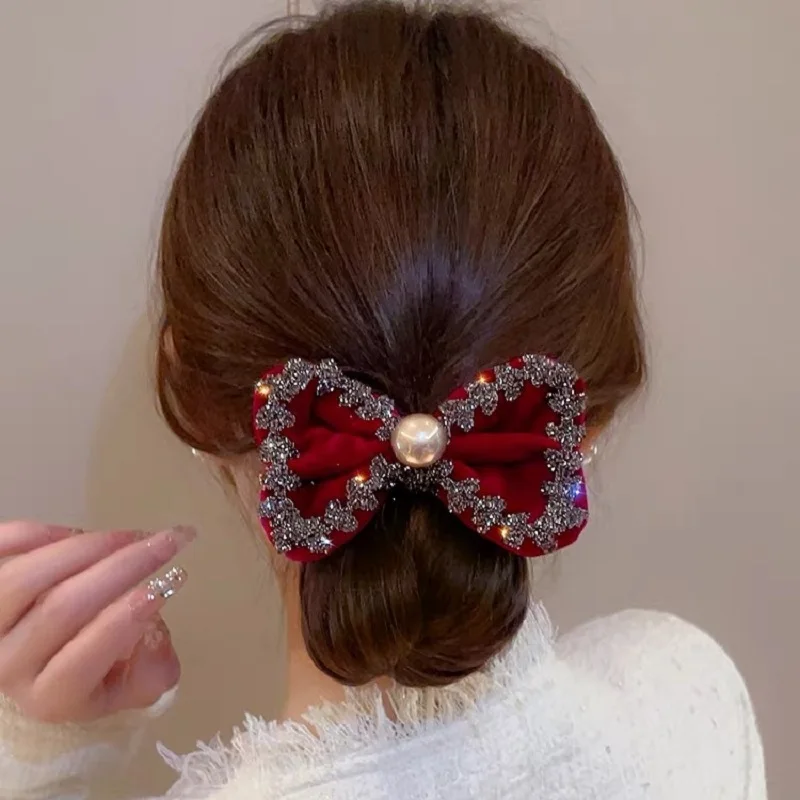 1pc Velvet Rhinestone Bow Scrunchie New Vintage Elastic Hair Bands Ponytail Holder Rubber Band Women Hair Rope Hair Accessories