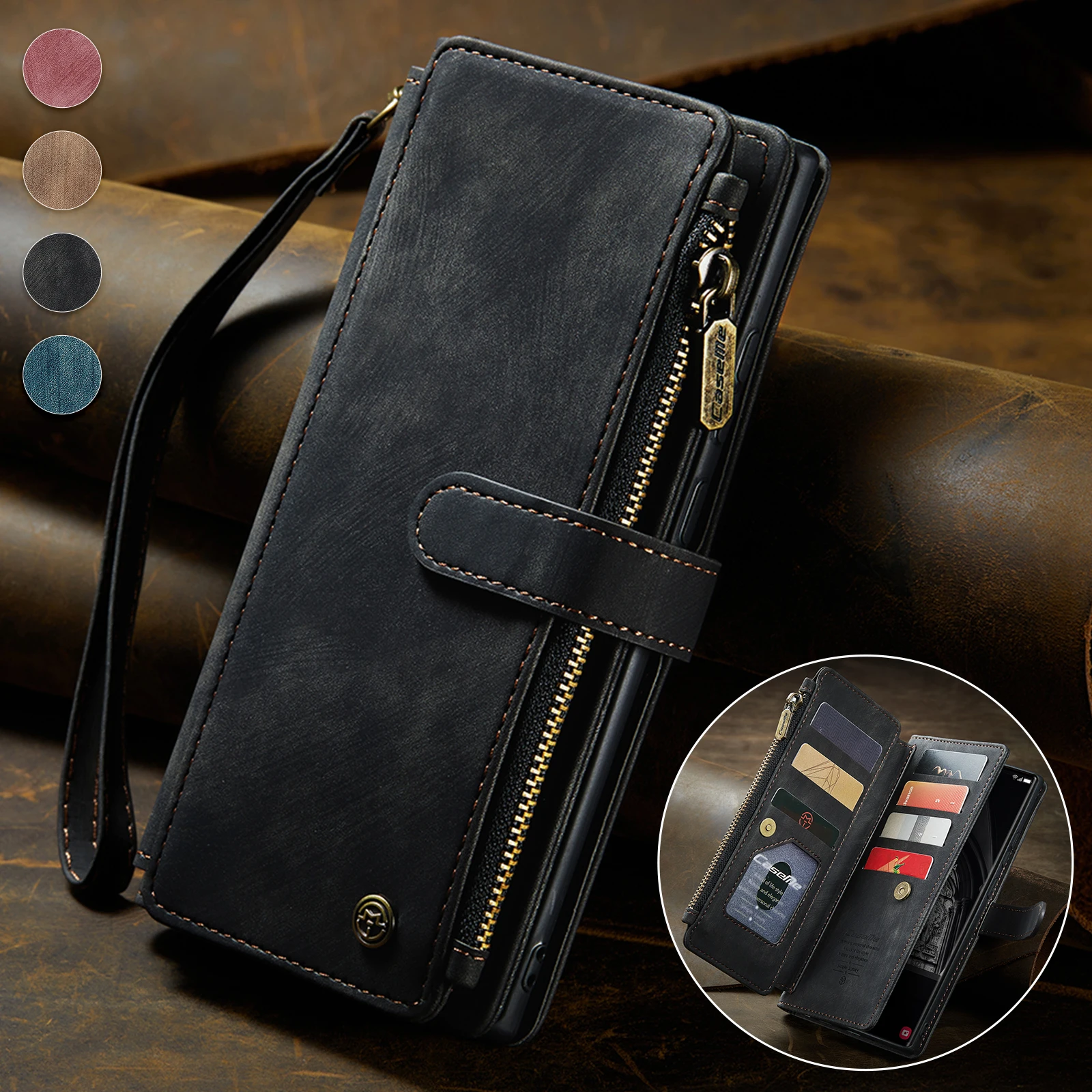 

Для Samsung Galaxy S24 Ultra S23 S21 S20 FE S22 Plus Note 20 Ultra Чехол Молния Флип Кожаные слоты для карт Держатель Кошелек Задняя крышка