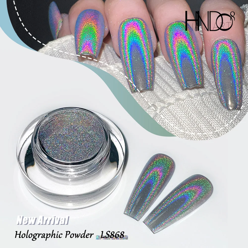 HNDO New Nails Silver Holographic Powder Rainbow Effect Professional Manicure Nail Art Unicorn Laser Pigment Dust Design