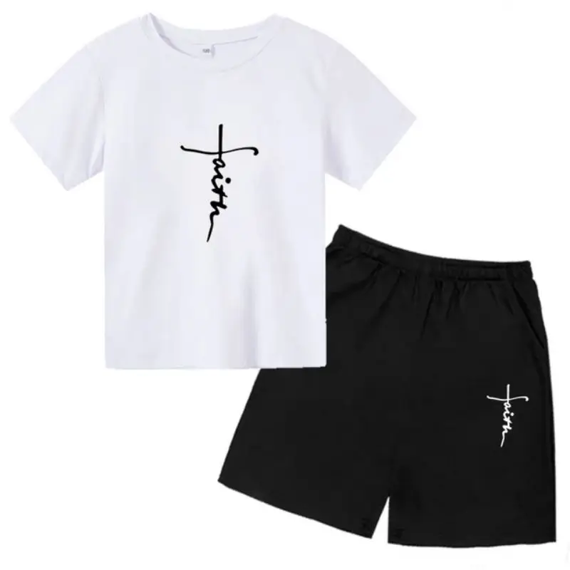 thumbnail image 1 of Conjunto de 2 piezas de camiseta y pantalones cortos informales con estampado de letras para niños y adolescentes a la moda para verano, 1 of 5