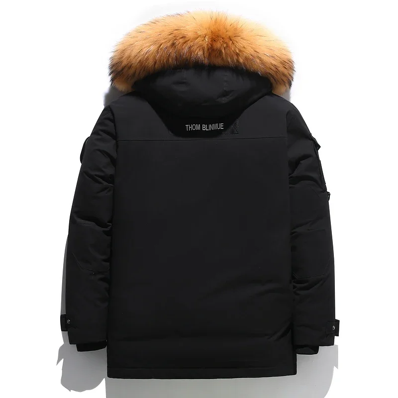 Winter Down Jacket Men's Lined White Duck Down Hooded Fur Collar Jacket Casual Fashion Thick Warm Embroidered Design Parka