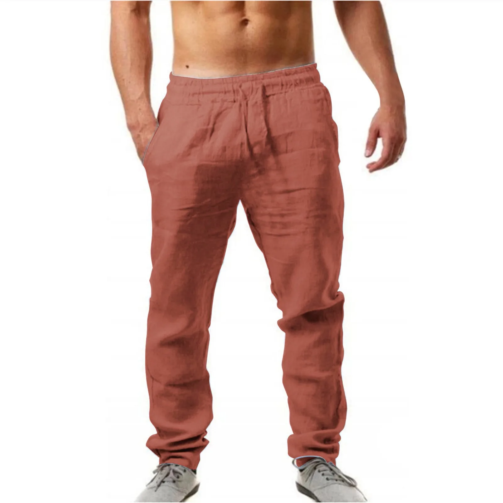 2024 Men'S Cotton Linen Pants Summer Solid Color Breathable Trousers Male Casual Elastic Waist Fitness Pants Hip-Hop Streetwear