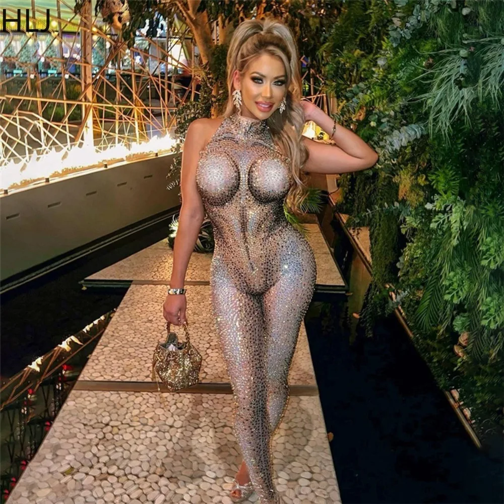 HLJ Spring New Rhinestone Bodycon Party Nigtclub Jumpsuits Women O Neck Sleeveless Slim Playsuits Fashion Female Print Overalls