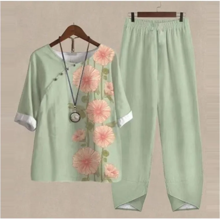 Women's casual printed two-piece set with O-neck pullover top and matching long pants for summer holidays and everyday wear. green