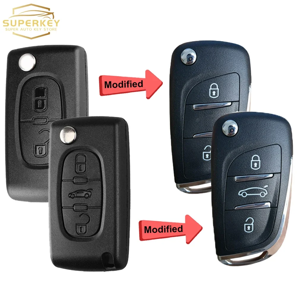 SUPERKEY ดัดแปลงรีโมทรถ Key Shell Flip Case สําหรับ Citroen C2 C3 C4 C5 Berlingo สําหรับ Peugeot 207 307 308 407 607 HU83 VA2