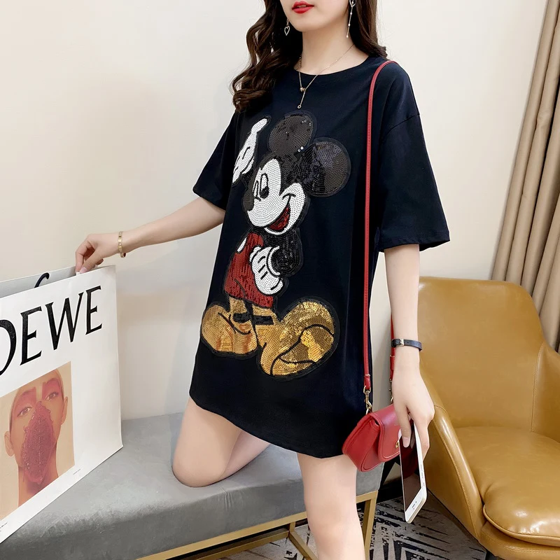 Brand Clothing New Arrival Top Fashion Pullovers Casual Cotton Cartoon Mickey cartoon  Beading Print Tshirt Dresses