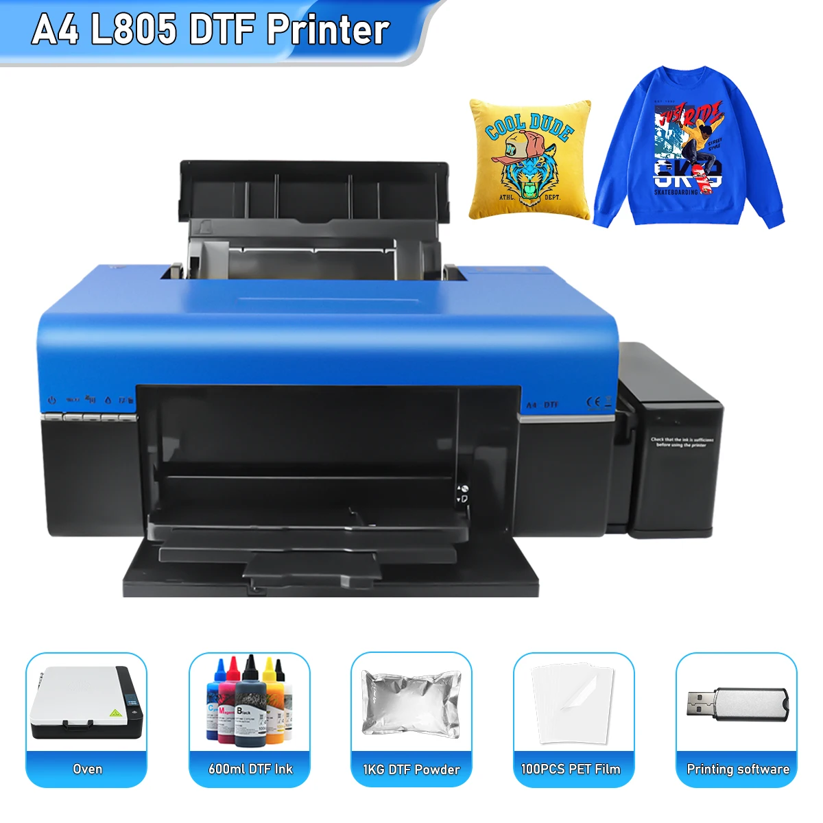 DTF Transfer Printer A4 L805 T-Shirt Printer Direct to Film  Print-preheating Printer for Fabrics, Leather, Pillow, Other Textile(DTF  Printer+Oven)