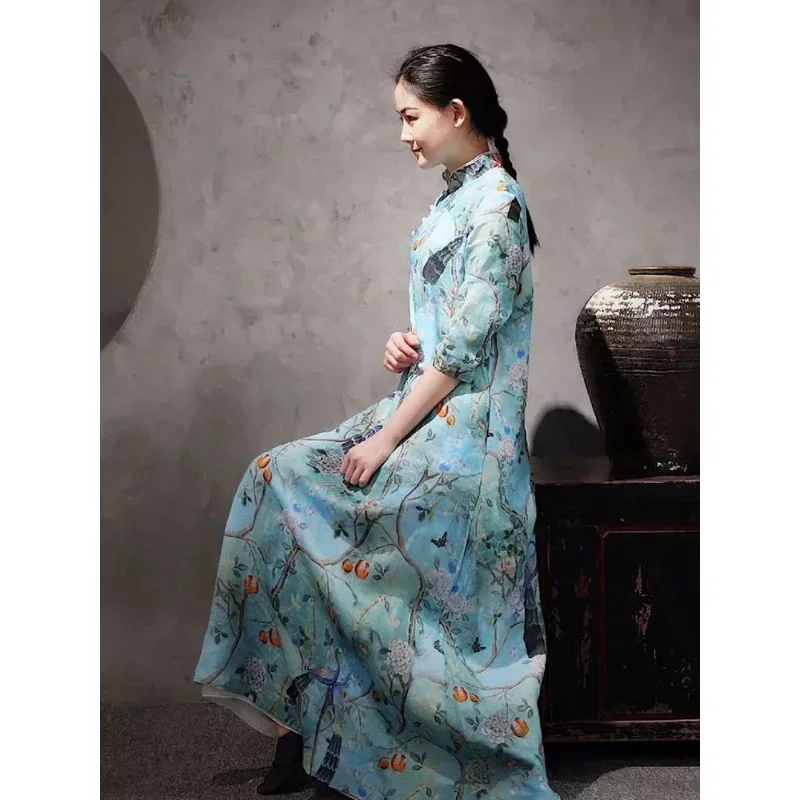 Natural ramie printed linen women's dress DIY hand-stitched designer fabric long skirt dress summer by the meter