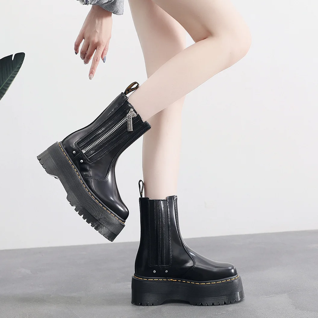 

2024 New Women's Shoes Thick Sole Leather Boots Leather Thick Sole Ankles Sexy Female Punk Motorcycle Shoes Battle Short Zipper