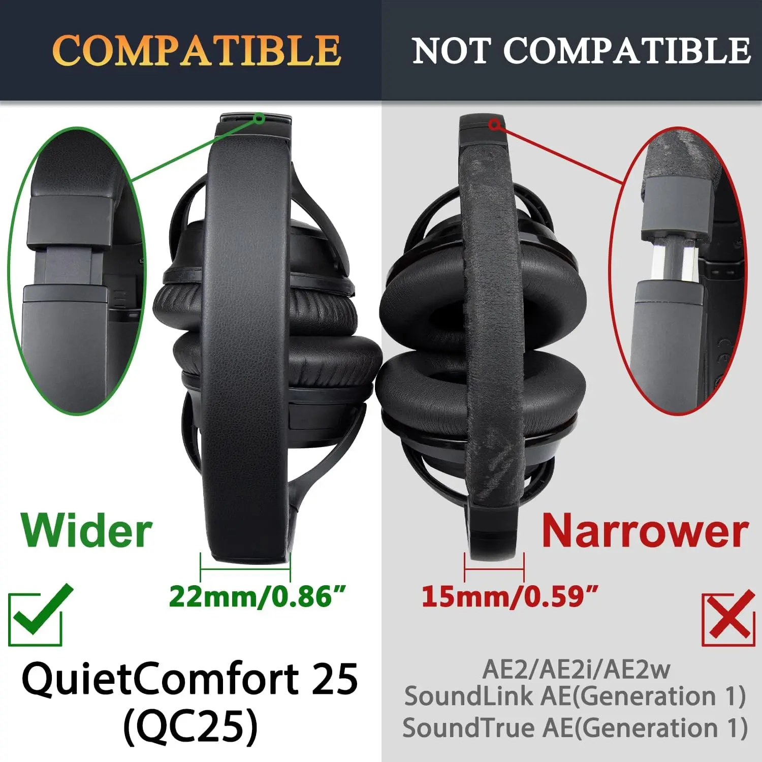 Easy Install Snap On Headband Earpads for Bose QuietComfort 25 QC25 Headphone Replacement Headband Headstrap Ear Pad Cushion