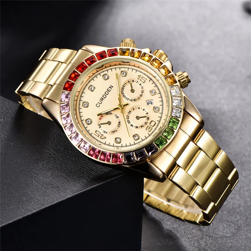 Muži originální CURDDEN značka hodinky móda plný nerez ocel pás diamant luxusní datle křemen hodinky montres de marque de luxe