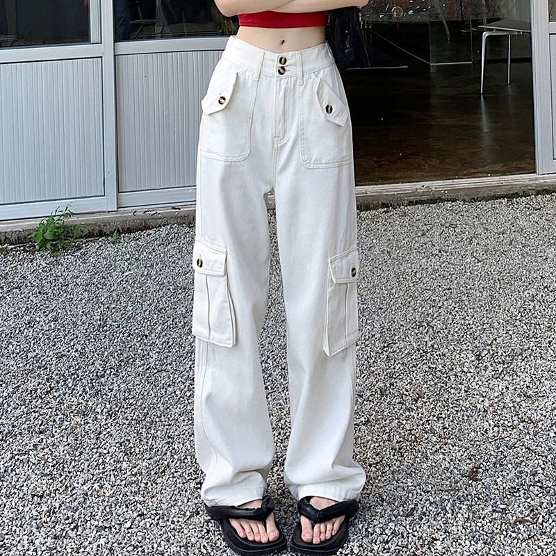 

Zoki Fashion Baggy Streetwear Denim Pants Y2K Summer Vintage Big Pocket Cargo Trousers Korean Pure Color High Waist Slim Jeans
