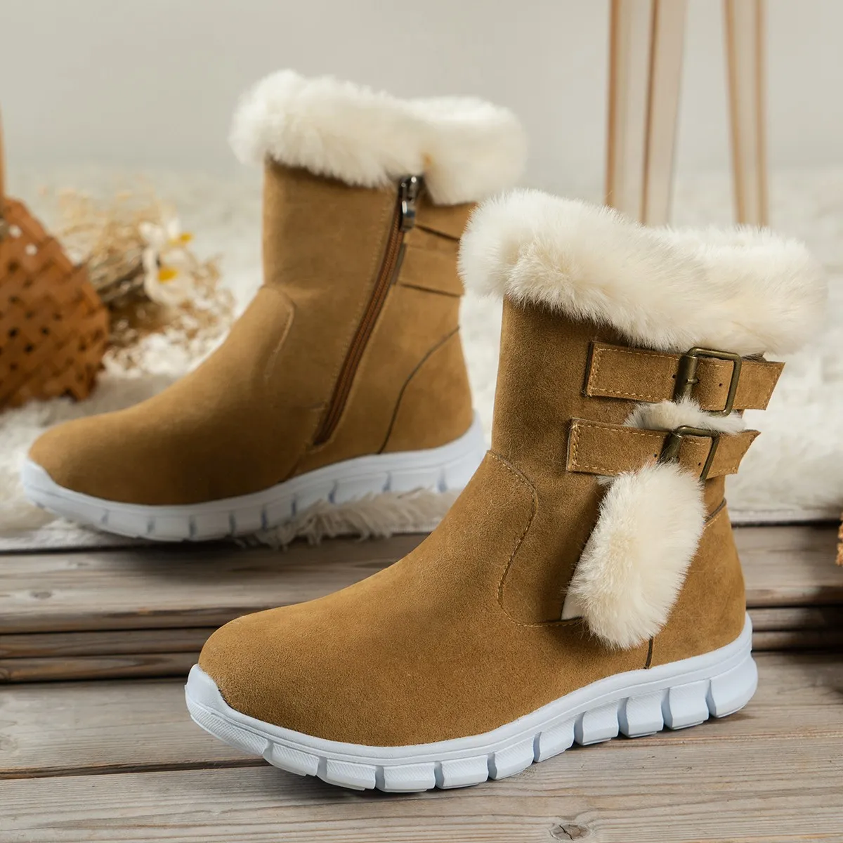 

Winter Women Fur Warm Chelsea Snow Boots Casual Shoes New Short Plush Suede Ankle Boots Flats Gladiator Sport Ladies Botas Mujer