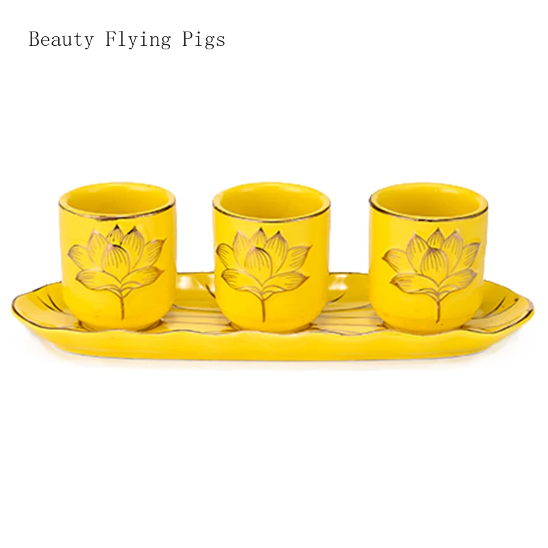 

3pcs/set With Tray Ceramic Lotus Water Purification Cup Household Buddha Front Offering Decoration Feng Shui Buddhism Feng Shui