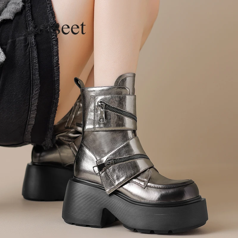 

Kanseet Fashion Designer Zipper Platform Women Shoes Autumn Winter Short Boot Genuine Leather Thick Heel Ankle Boot Lady Size 42