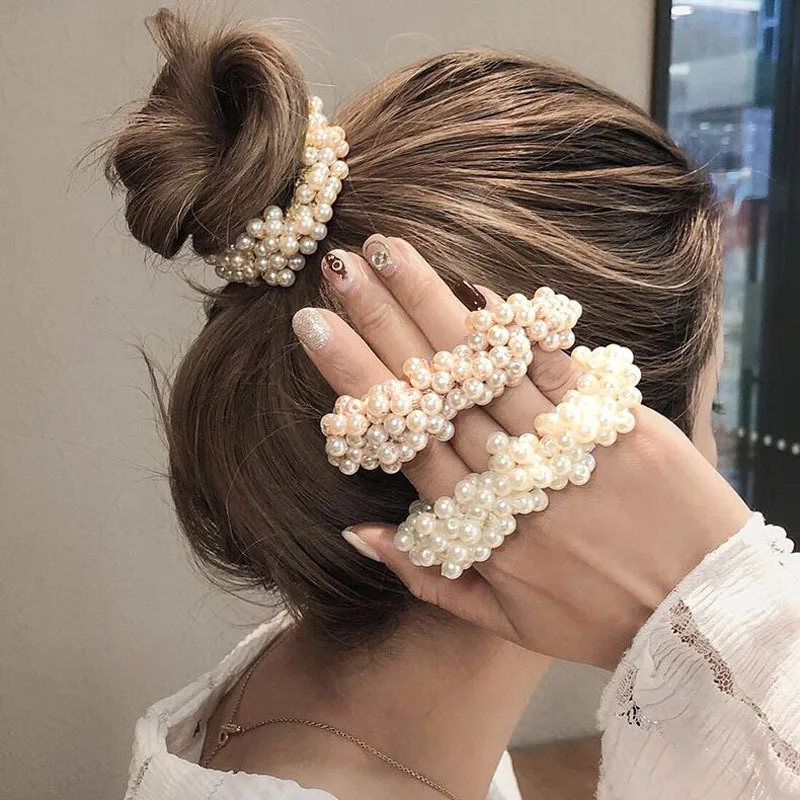 

Fashion Faux Pearl Hair Rope Multicolor Beads Scrunchie Ponytail Holder Elastic Hairband Hair Accessories for Women Headwear