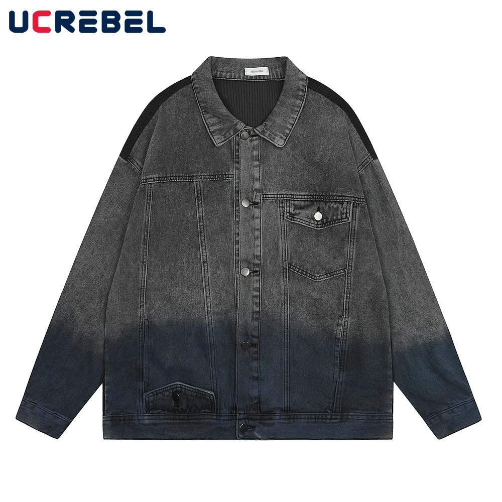 

Gradient Dyed Denim Jacket Mens Streetwear Hip Hop Spliced Loose Long Sleeve Lapel Jacket Outerwear