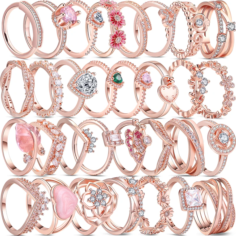 Anelli Con Pavé In Vero Argento Sterling 925 Daisy Wishbone Heart Sparkling Row Zircone Crown Rose Gold Pantaro Rings Regalo Di Gioielli Da Donna