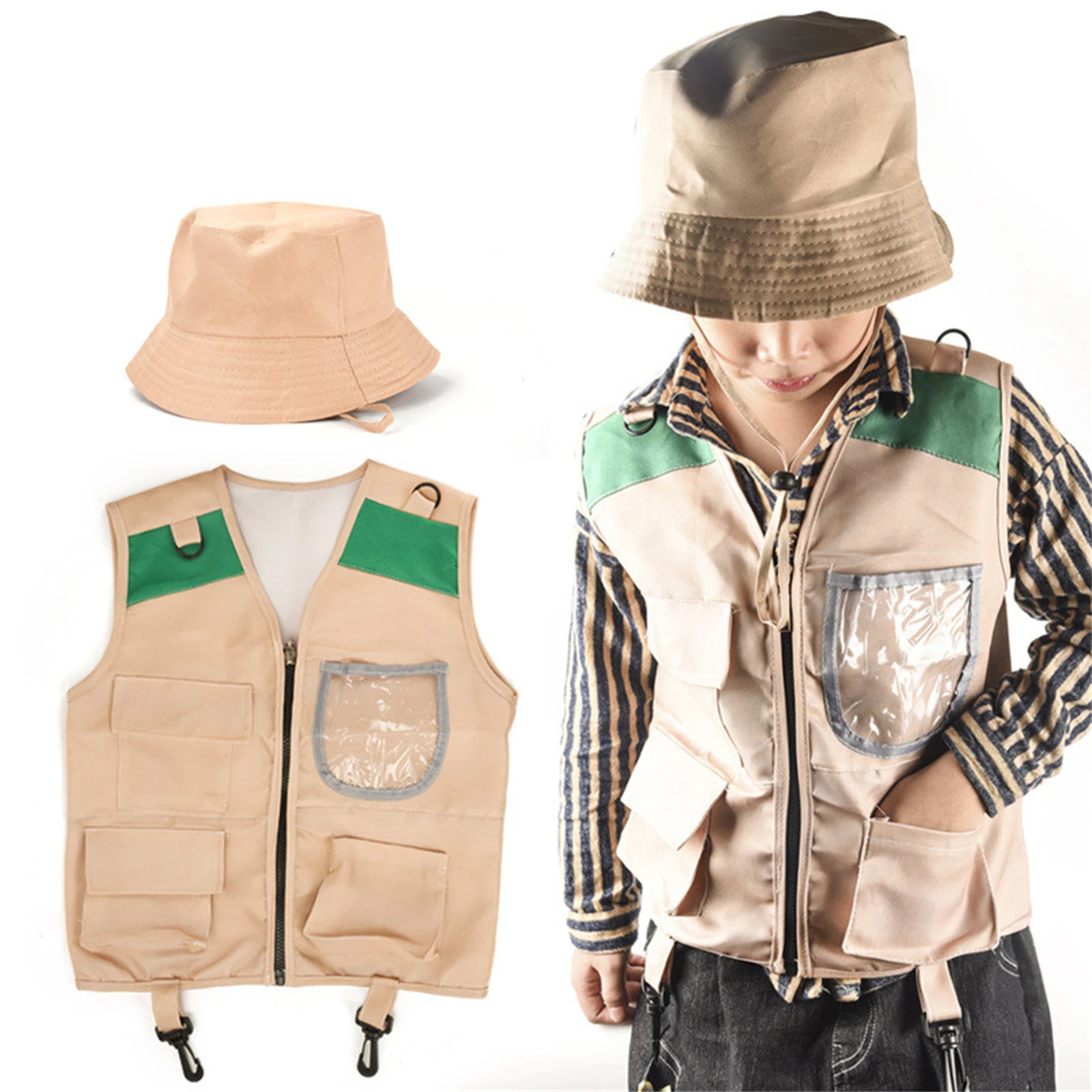 Chaleco De Explorador Con Sombrero Para Niños – Kit De Aventura Con Múltiples Bolsillos, Tela Lavable De PU Y Poliéster, Ideal Para Senderismo Y Camping De 4 A 8 Años