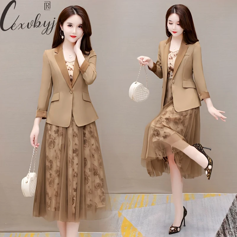 Women Elegant Two Peice Sets Fashion Plus Size Dress Suit Casual Single Button Blazer +Print Sleeveless A-Line Dress Outfits