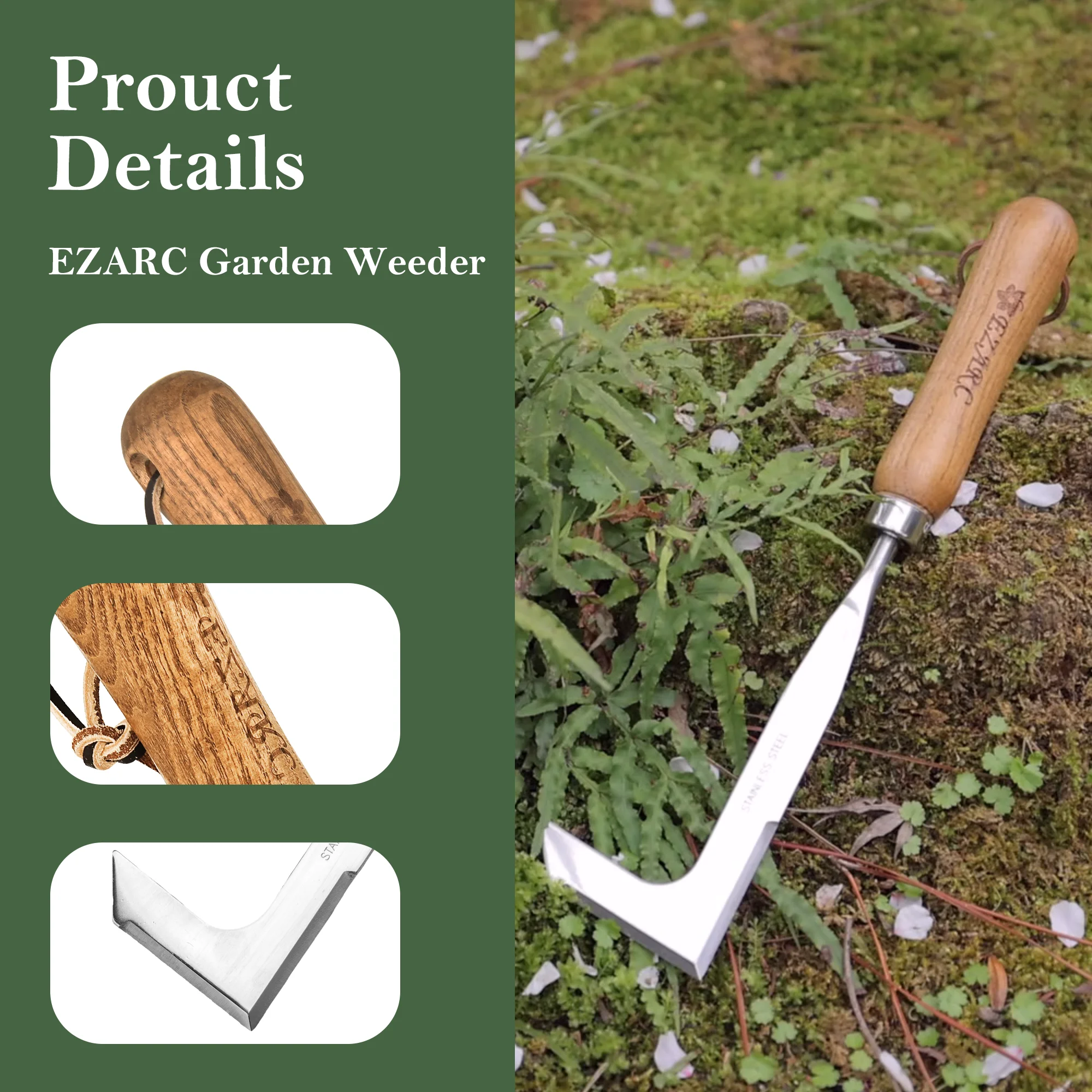 EZAEC Crack Weeder Crevice Weeding Tool Stainless Steel Manual Weeder Beech Handle Lawn Yard Gardening Tool 2
