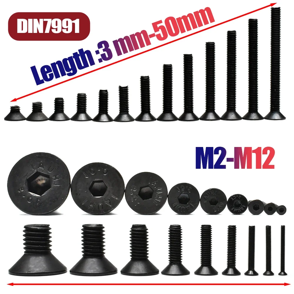 M2 M2.5 M3 M4 M5 M6 M8 M10 M12 DIN7991 Carbon Steel Hexagon Socket Flat Countersunk Head Screw Hex Socket Bolts Machine Screws Hexagon Socket Screws