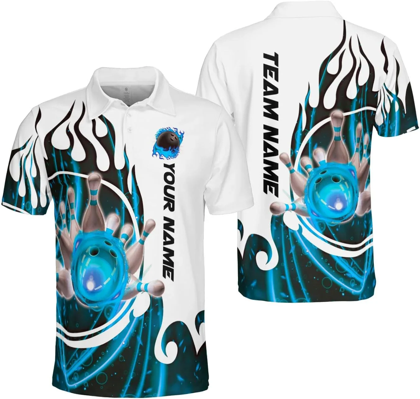 Personalisierter Name und Teamname Bowling und Pins Fire 3D-gedrucktes Herren-Poloshirt Sommer Unisex Casual Poloshirt WK277 – Detail 13
