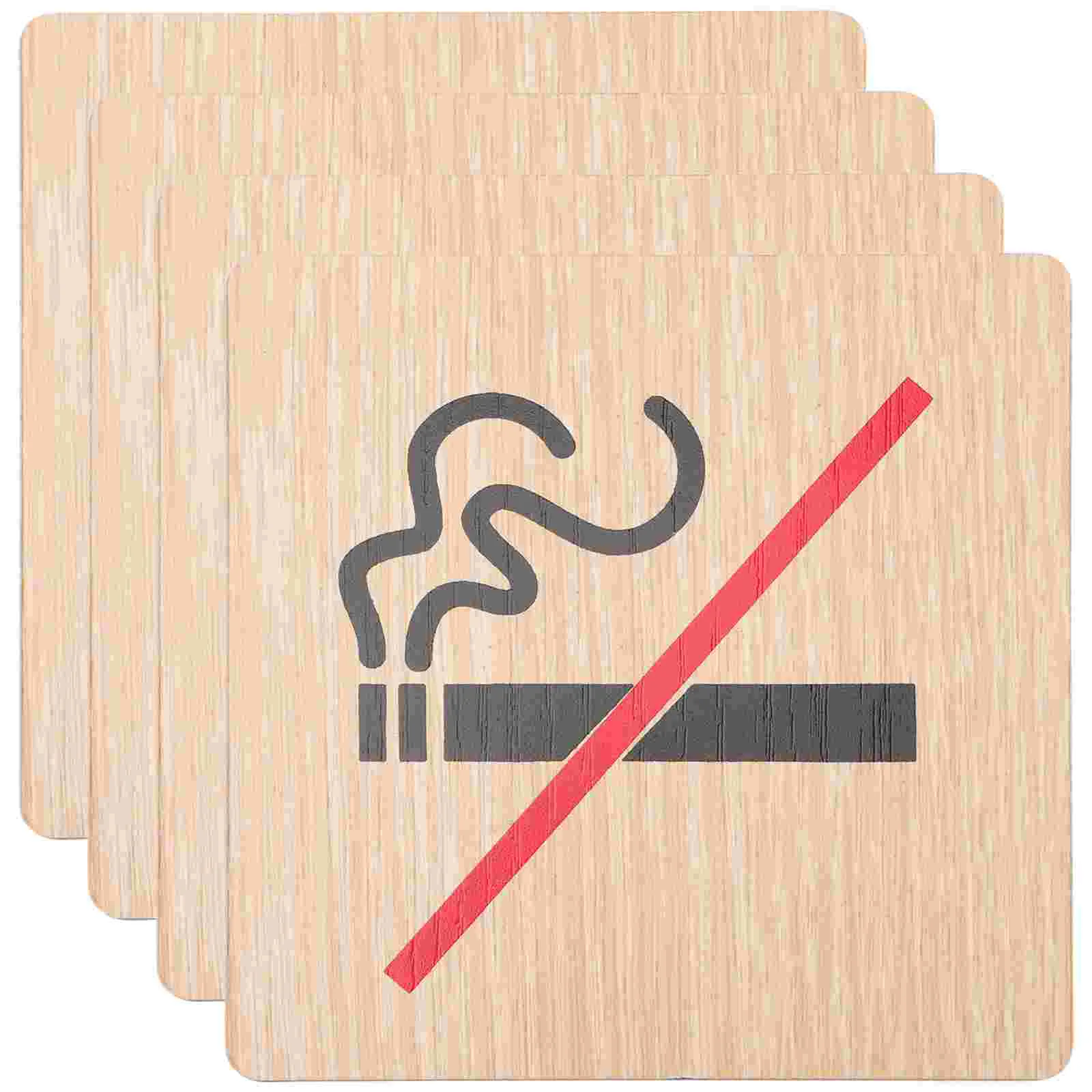 

4 Pcs No Smoking Sign Wooden Warning Signs Hotel Board Wall Sticker Tips Non-smoking Label Stickers