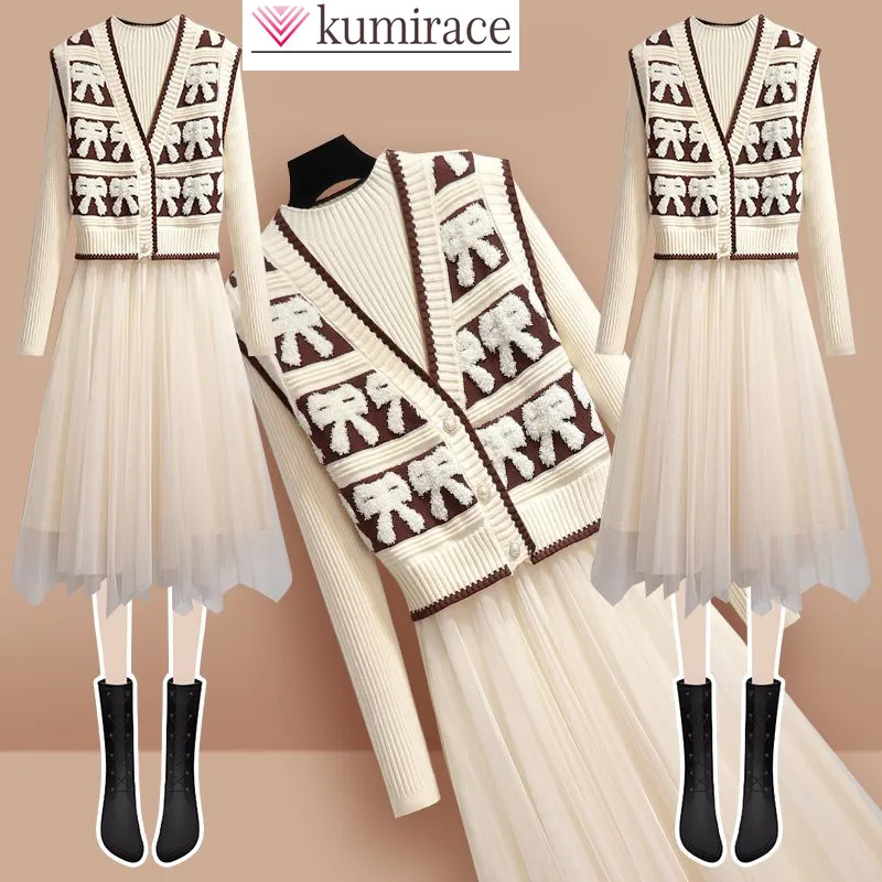 2023 Autumn New Bow Knitted Sweater Cardigan Pleated Mesh Long Sleeve Dress Two Piece Elegant Women\'s Dress Set Winter Outfits