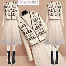 2023 Autumn New Bow Knitted Sweater Cardigan Pleated Mesh Long Sleeve Dress Two Piece Elegant Women's Dress Set Winter Outfits