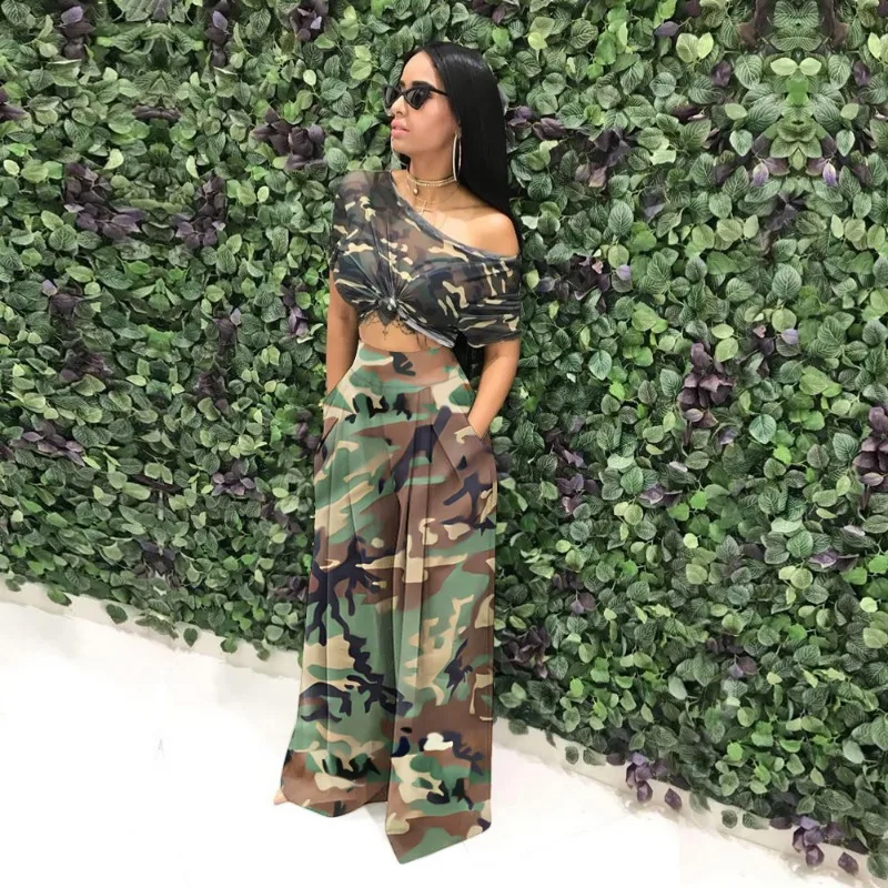 Camouflage Printed Elastic Waist Wide Leg Pants for Women 2023 Autumn Casual Loose Pleated Trousers Streetwear