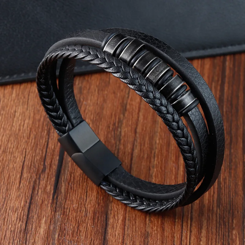 Knit Stainless Steel Genuine Leather Rope Black Vintage Black Bracelet Men Charms Gift