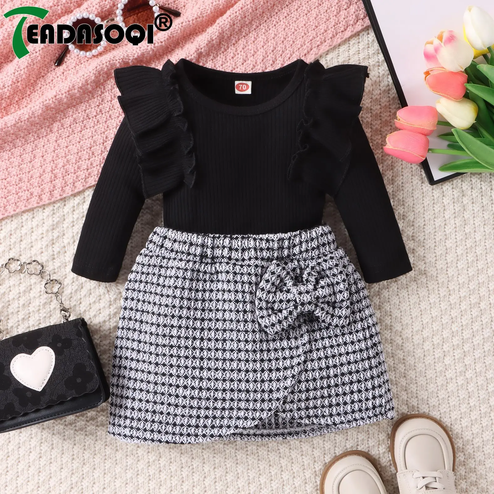 

3M-3Y Newborn Infant Baby Girls Fall Costume Outfits Long Sleeve Ruffle Fly Shoulder Bodysuit Top+Bow Short Skirt 2Pcs Set
