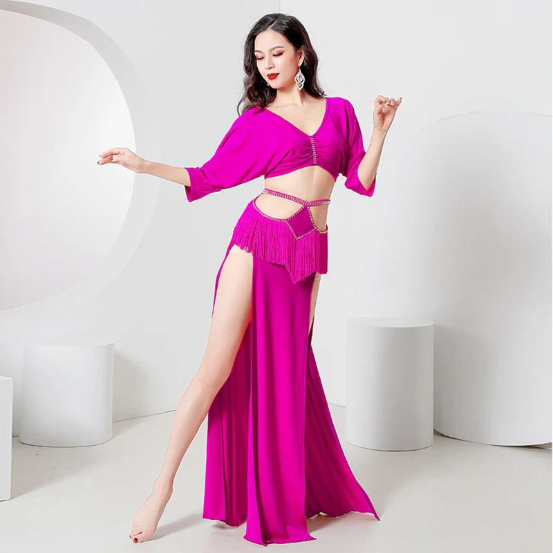 

Belly Dancing Performance Outfit for Women Girl's Gauze Blingbling Top+split Long Skirt 2pcs Adult Belly Dance Practice Costumes
