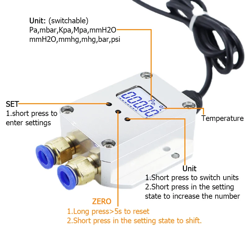 Pressure Sensor Air Differential Pressure Transmitter 4 20mA 5V 10V RS485 Output Fan Duct Differential Pressure Furnace Negative