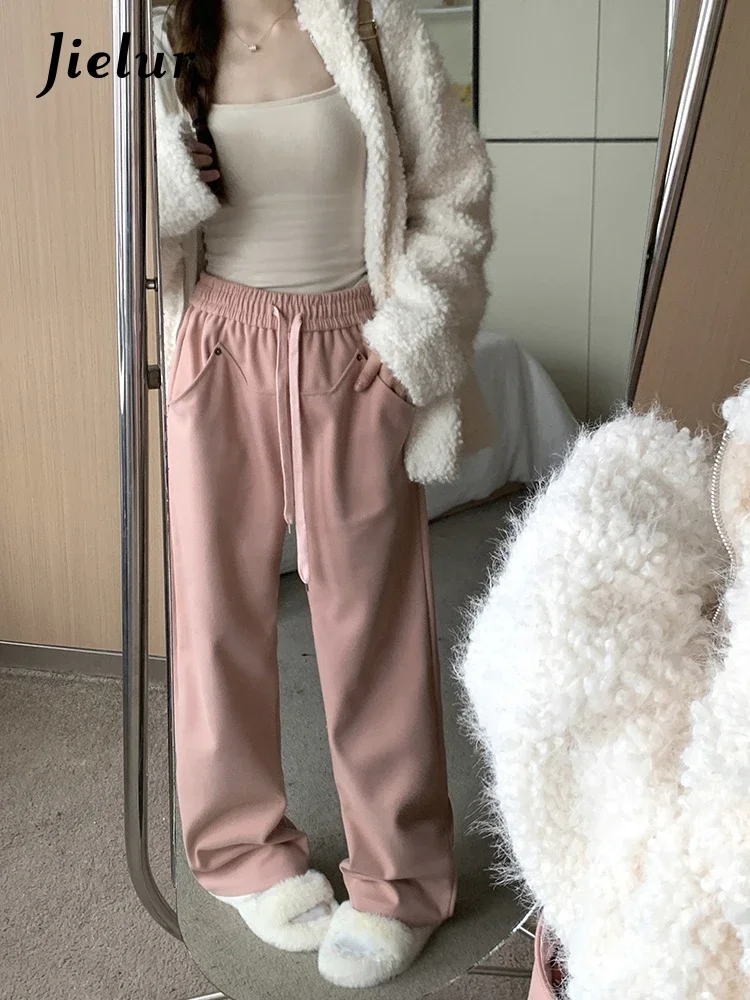 Jielur Spring New Casual Patchwork High Waisted Women's Wide Leg Pants Korean Fashion Versatile Straight Leg Women Pink Pants