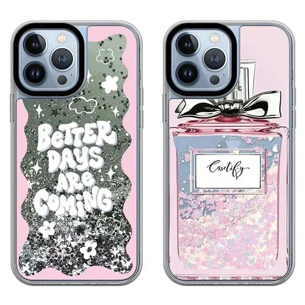 

Transparent Border Silver Quicksand Perfume Bottle Pattern iPhone 12 13 14 15 Pro Max Protective Case